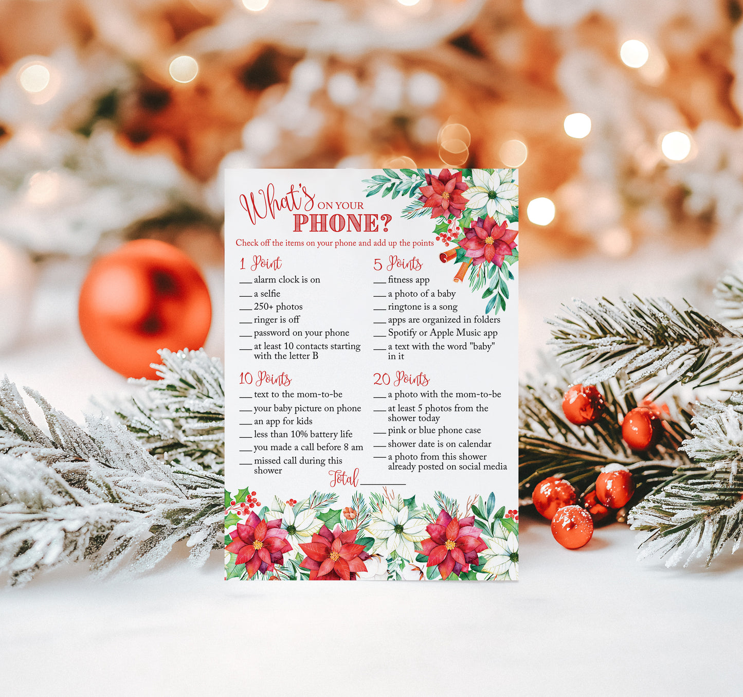 Christmas Baby Shower Game – “What’s On Your Phone?” – Pack of 25 Cards – Fun Holiday Baby Shower Activity for Winter or Xmas Parties