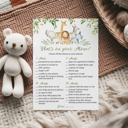 Safari Animals Baby Shower Game - What's On Your Phone • SET of 25