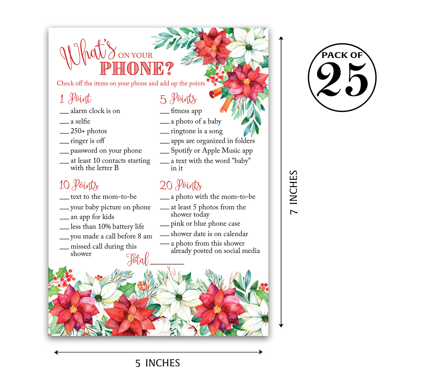 Christmas Baby Shower Game – “What’s On Your Phone?” – Pack of 25 Cards – Fun Holiday Baby Shower Activity for Winter or Xmas Parties