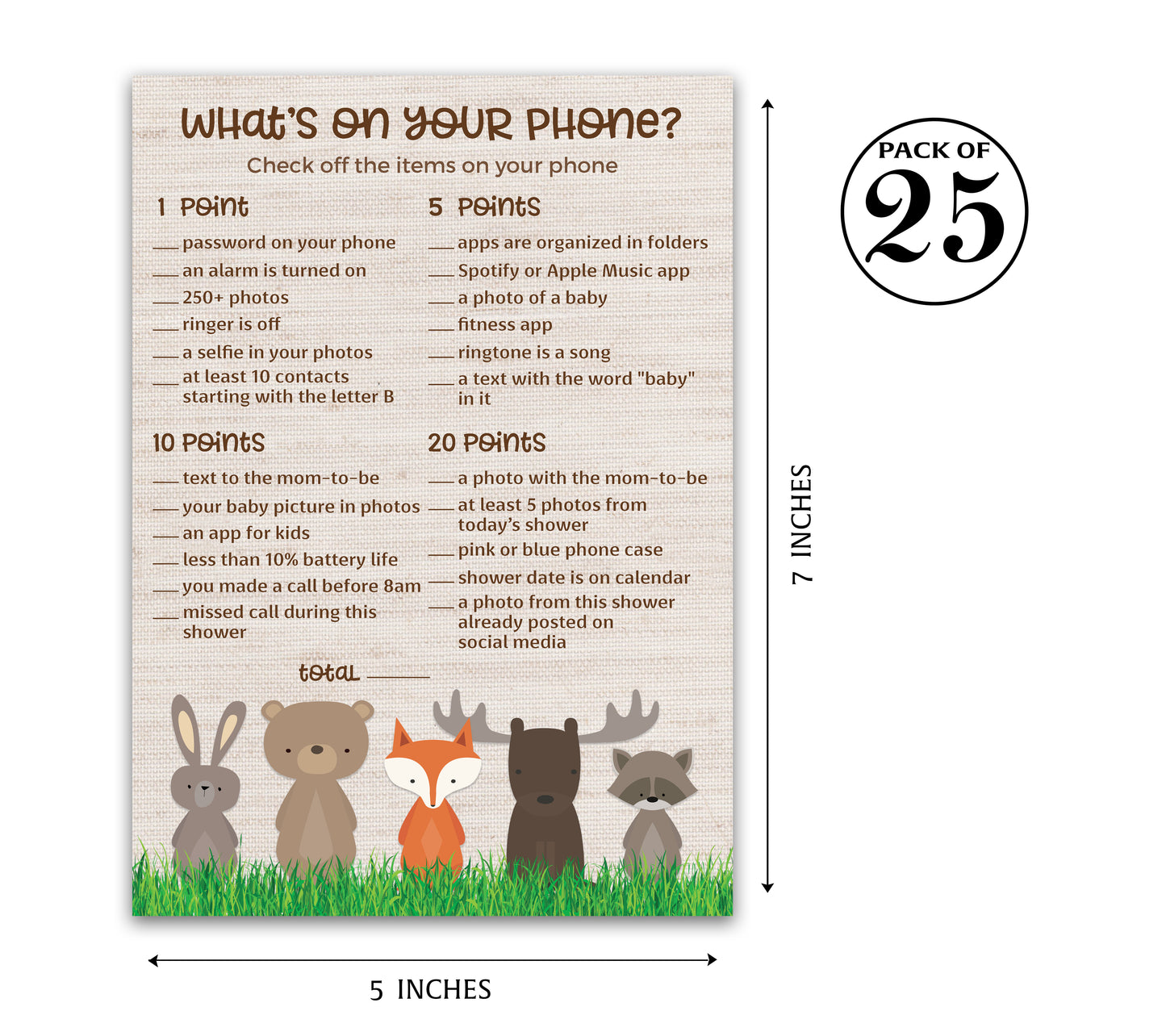 Woodland Animals Baby Shower Game - What's On Your Phone • SET of 25