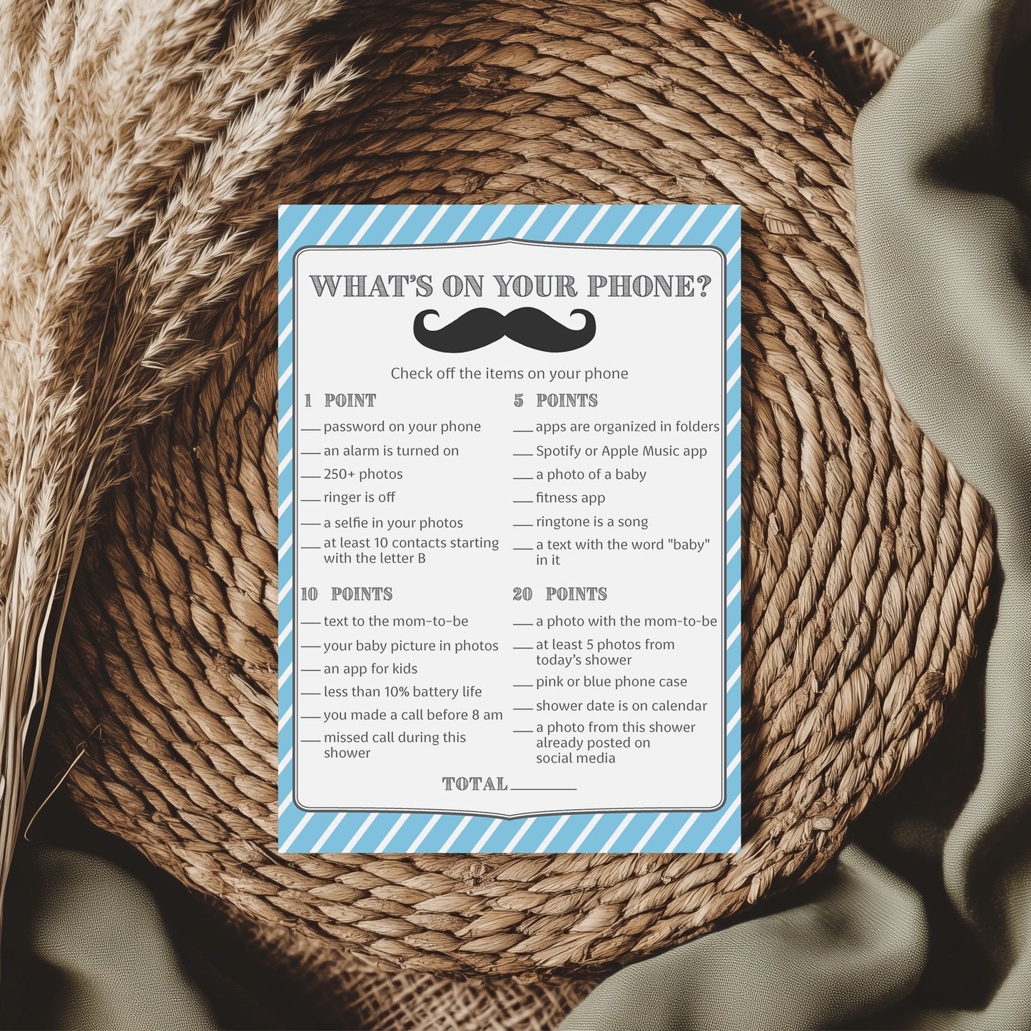 Mustache Boy Baby Shower Game - What's On Your Phone • SET of 25