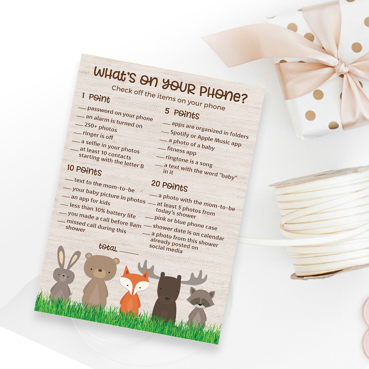 Woodland Animals Baby Shower Game - What's On Your Phone • SET of 25