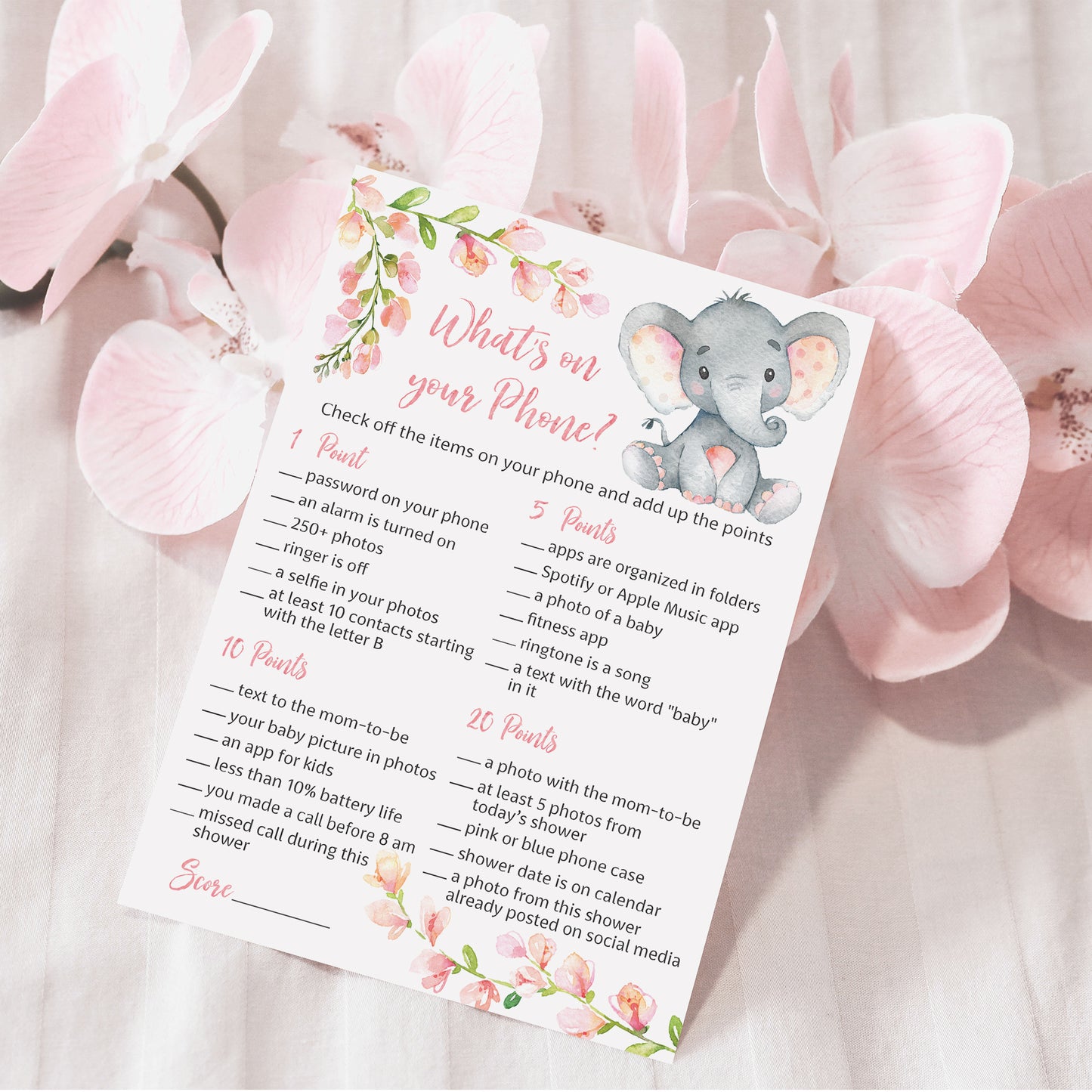 Pink Elephant Floral Girl Baby Shower Game - What's On Your Phone • SET of 25
