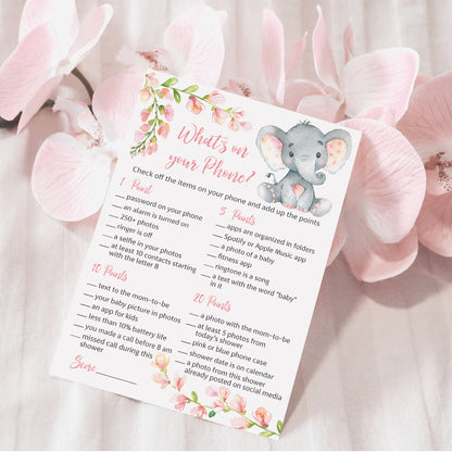 Pink Elephant Floral Girl Baby Shower Game - What's On Your Phone • SET of 25