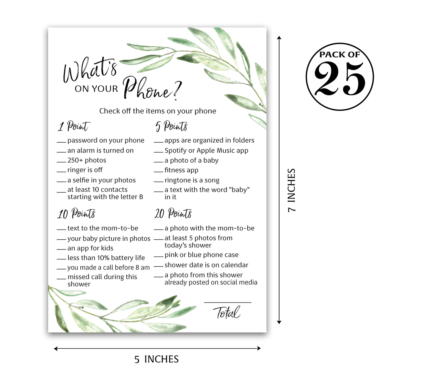 Greenery Theme WHAT'S ON YOUR PHONE Baby Shower Game • Pack of 25 • Printed