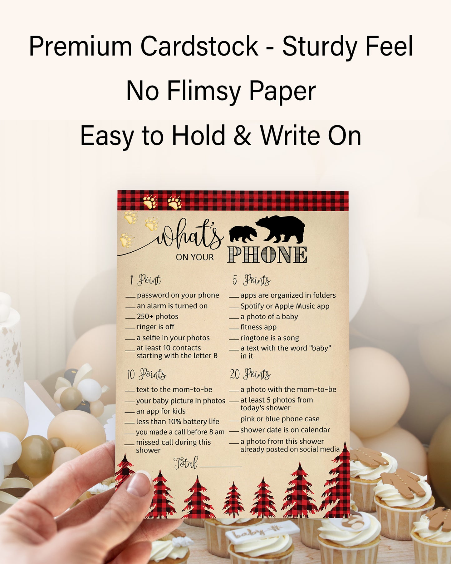 Lumberjack What’s On Your Phone • 25 Cards • Buffalo Plaid Baby Shower