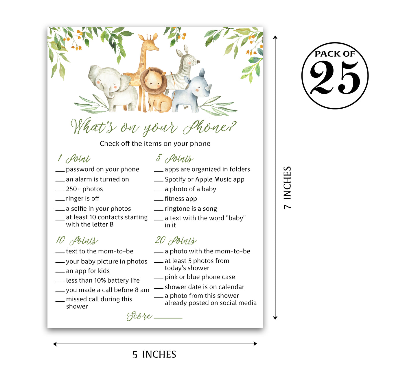 Safari Animals Baby Shower Game - What's On Your Phone • SET of 25