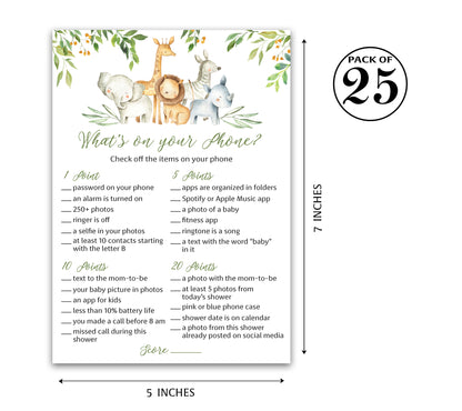 Safari Animals Baby Shower Game - What's On Your Phone • SET of 25