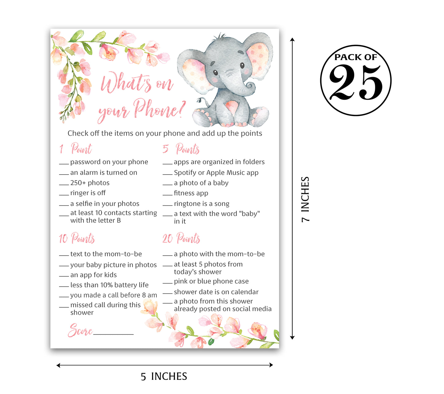 Pink Elephant Floral Girl Baby Shower Game - What's On Your Phone • SET of 25