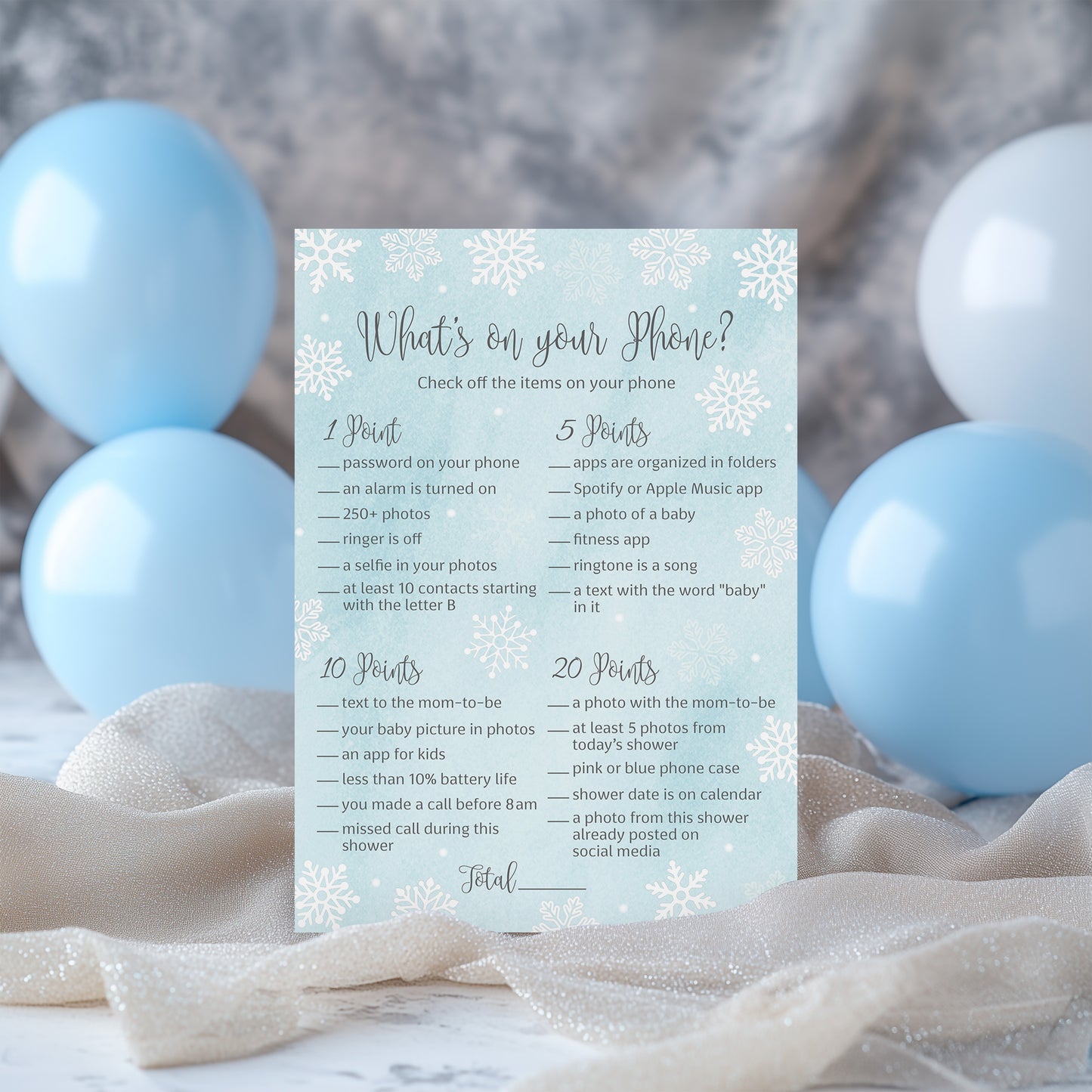 Snowflakes Baby Shower Game – What’s on Your Phone • Pack of 25 • Winter Wonderland Blue Boy Baby Shower Game