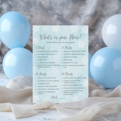 Snowflakes Baby Shower Game – What’s on Your Phone • Pack of 25 • Winter Wonderland Blue Boy Baby Shower Game