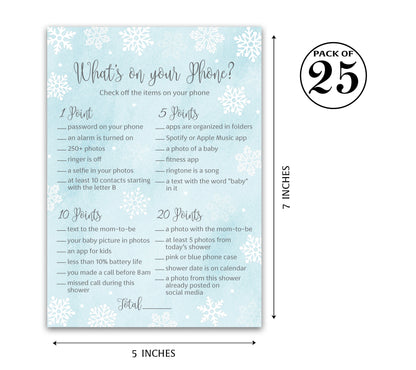 Snowflakes Baby Shower Game – What’s on Your Phone • Pack of 25 • Winter Wonderland Blue Boy Baby Shower Game
