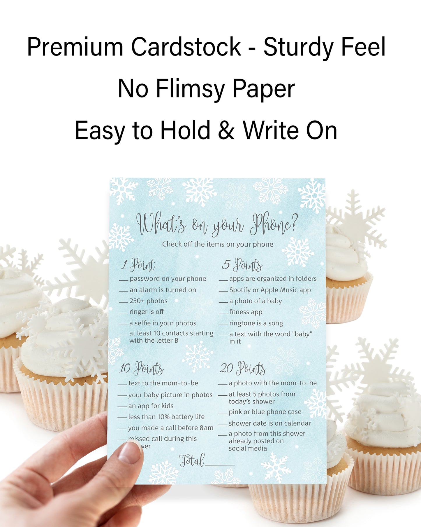 Snowflakes Baby Shower Game – What’s on Your Phone • Pack of 25 • Winter Wonderland Blue Boy Baby Shower Game