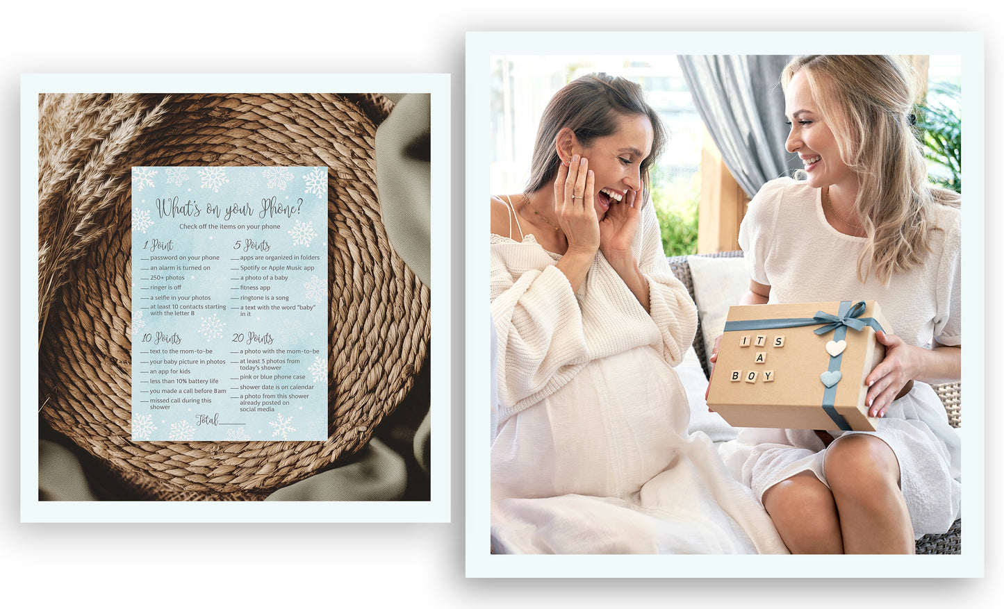 Snowflakes Baby Shower Game – What’s on Your Phone • Pack of 25 • Winter Wonderland Blue Boy Baby Shower Game