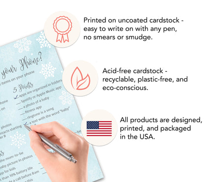 Snowflakes Baby Shower Game – What’s on Your Phone • Pack of 25 • Winter Wonderland Blue Boy Baby Shower Game