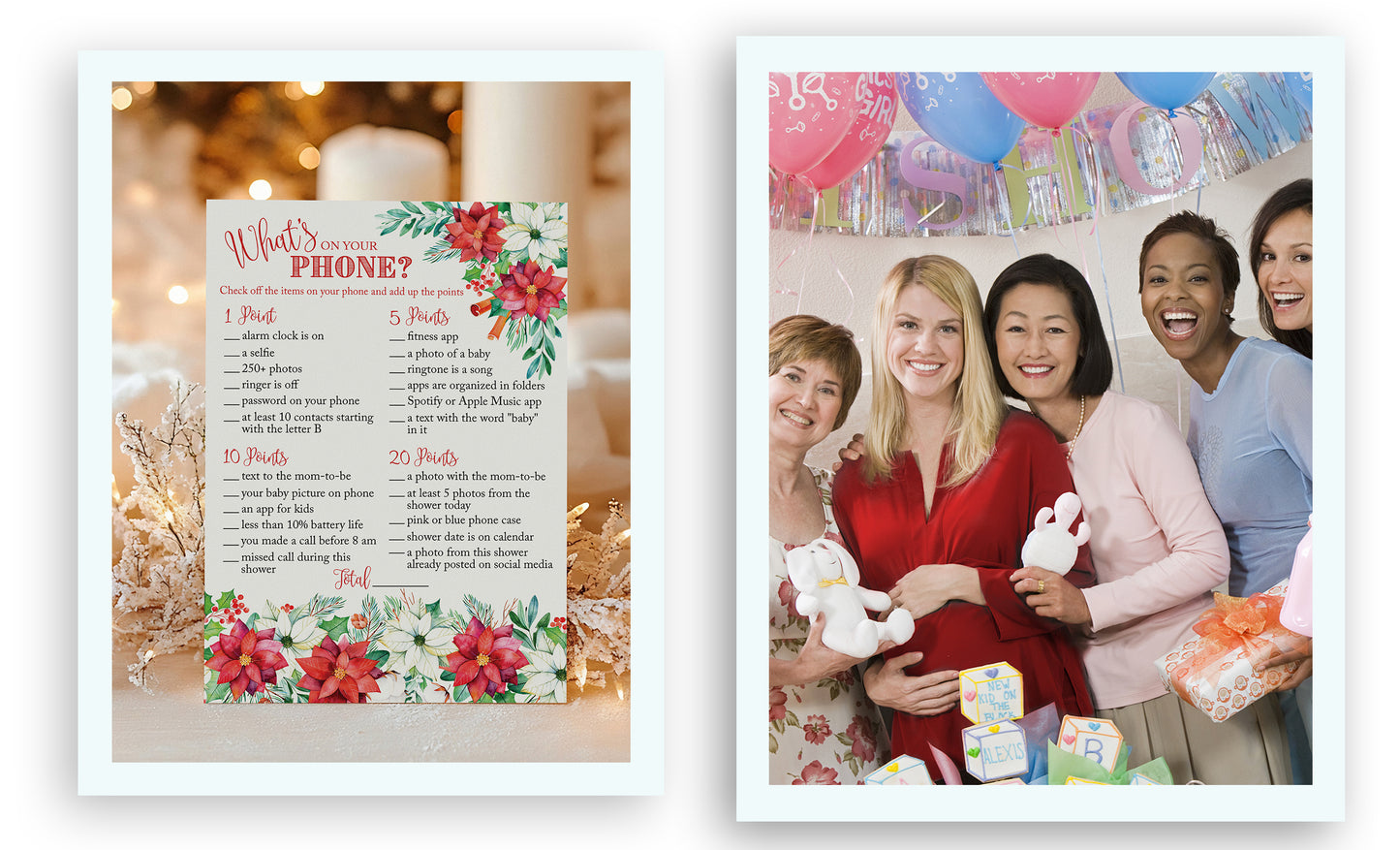 Christmas Baby Shower Game – “What’s On Your Phone?” – Pack of 25 Cards – Fun Holiday Baby Shower Activity for Winter or Xmas Parties