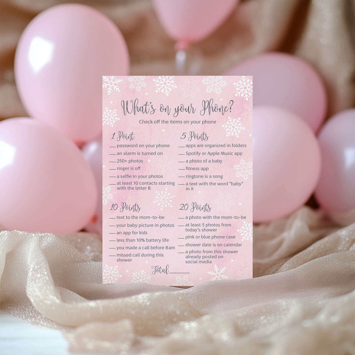 Snowflakes Baby Shower Game – What’s on Your Phone • Pack of 25 • Winter Wonderland Pink Girl Baby Shower Game
