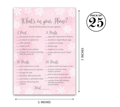 Snowflakes Baby Shower Game – What’s on Your Phone • Pack of 25 • Winter Wonderland Pink Girl Baby Shower Game