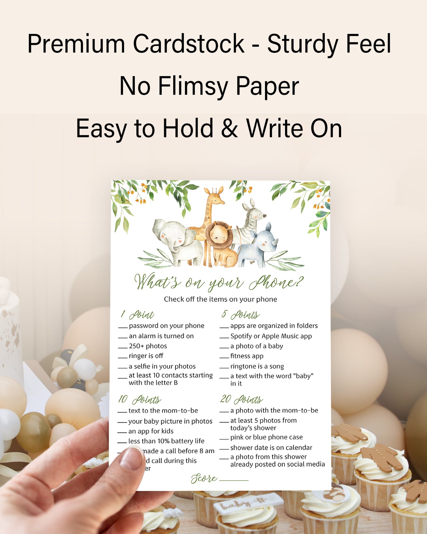 Safari Animals Baby Shower Game - What's On Your Phone • SET of 25