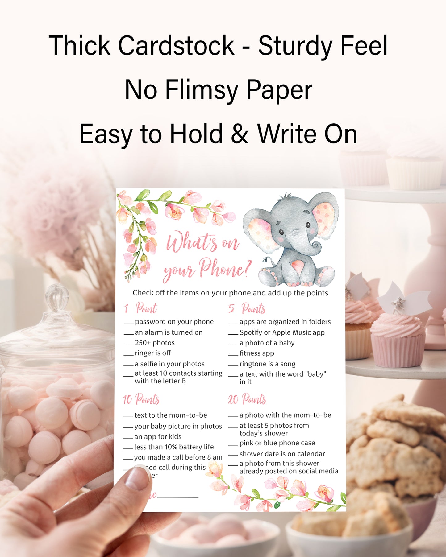 Pink Elephant Floral Girl Baby Shower Game - What's On Your Phone • SET of 25