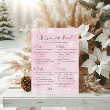 Snowflakes Baby Shower Game – What’s on Your Phone • Pack of 25 • Winter Wonderland Pink Girl Baby Shower Game