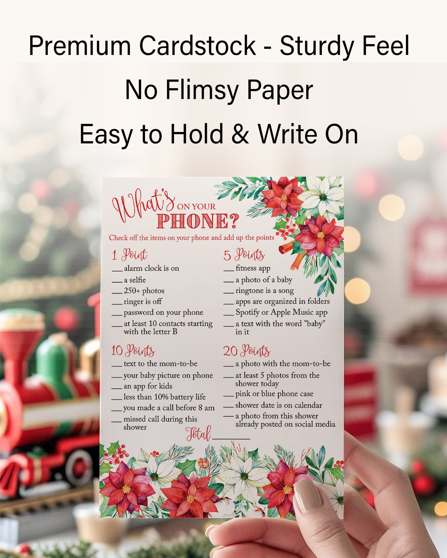 Christmas Baby Shower Game – “What’s On Your Phone?” – Pack of 25 Cards – Fun Holiday Baby Shower Activity for Winter or Xmas Parties