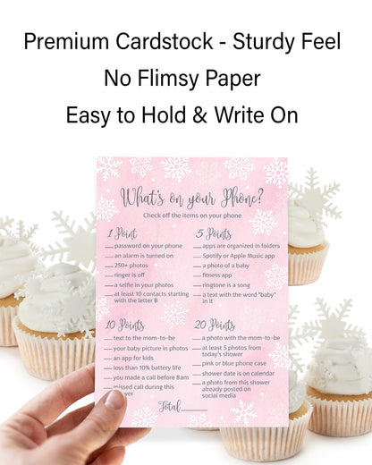 Snowflakes Baby Shower Game – What’s on Your Phone • Pack of 25 • Winter Wonderland Pink Girl Baby Shower Game