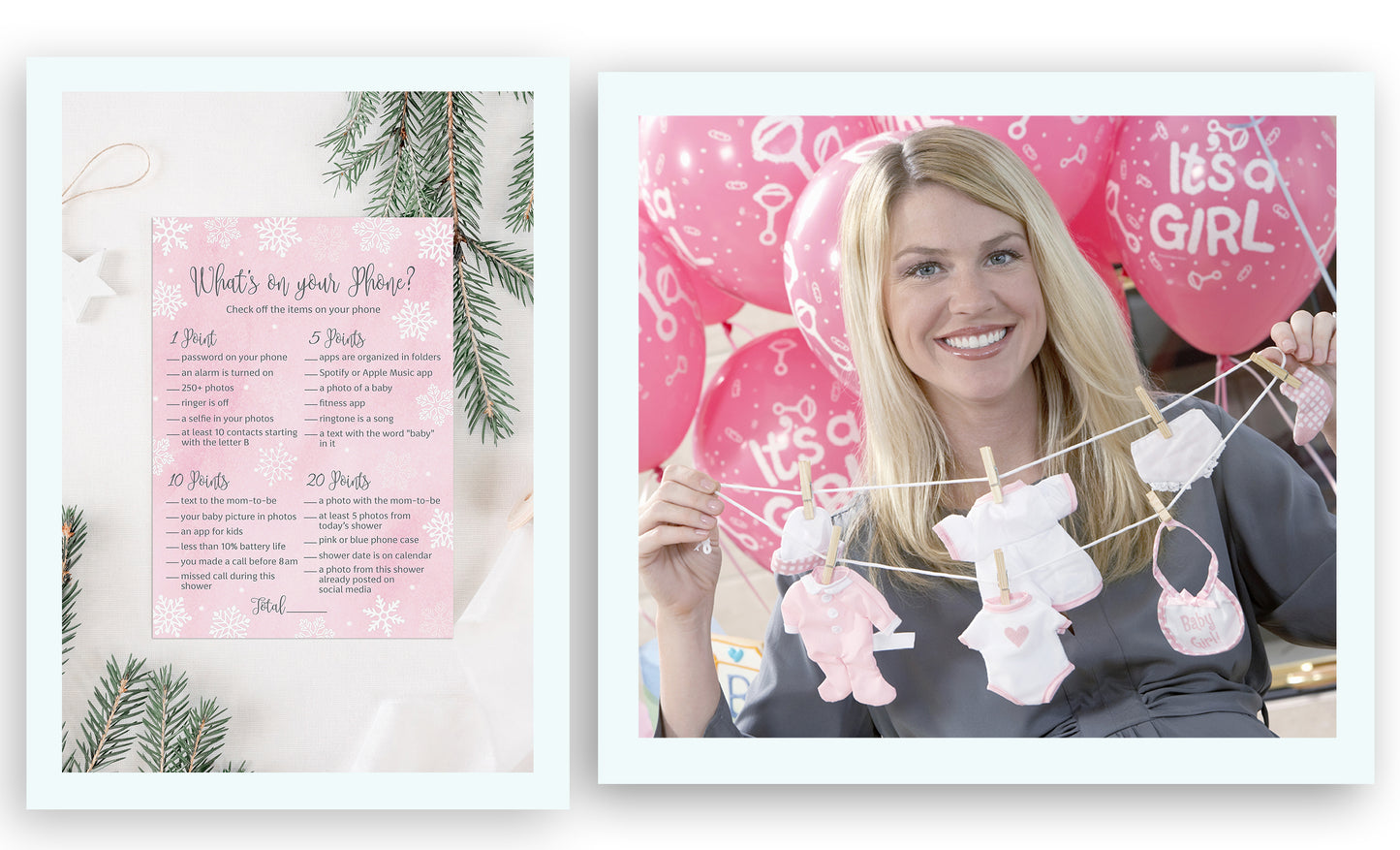 Snowflakes Baby Shower Game – What’s on Your Phone • Pack of 25 • Winter Wonderland Pink Girl Baby Shower Game
