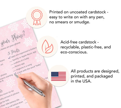 Snowflakes Baby Shower Game – What’s on Your Phone • Pack of 25 • Winter Wonderland Pink Girl Baby Shower Game