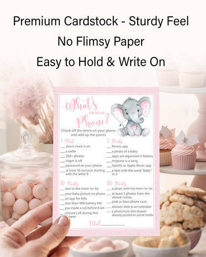 Pink Elephant Baby Shower Game - What's On Your Phone • SET of 25