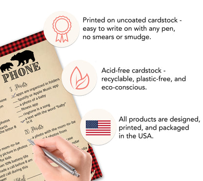Lumberjack What’s On Your Phone • 25 Cards • Buffalo Plaid Baby Shower