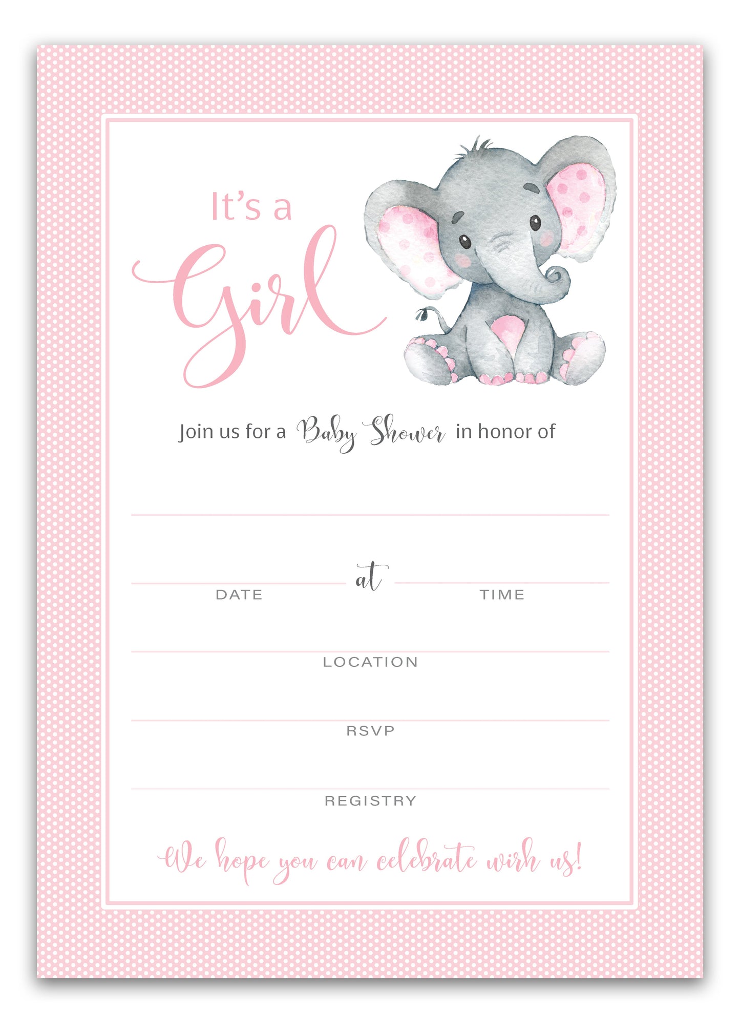 It's a Girl! • Pink Elephant Baby Shower Invitations • SET of 25