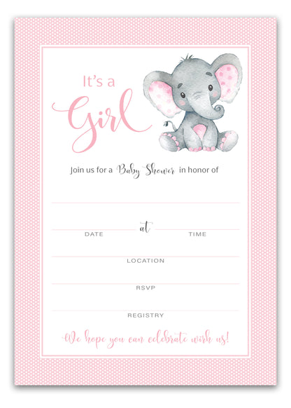 It's a Girl! • Pink Elephant Baby Shower Invitations • SET of 25