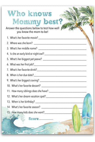 Ocean Surf Theme Baby Shower Games, WHO KNOWS MOMMY BEST — Pack of 25 — Printed