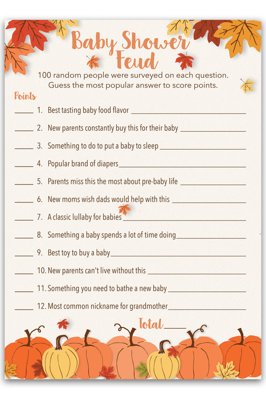 Little Pumpkin Baby Shower Feud Game — Pack of 25 — Fall Gender Neutral Baby Shower Activity