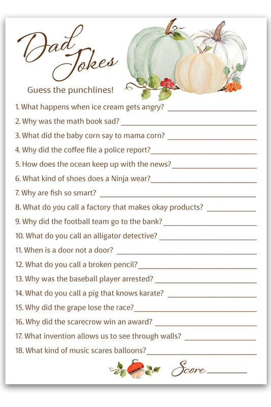 Little Pumpkin Baby Shower Game — Dad Jokes Edition — Pack of 25 — White Pumpkins Gender Neutral Co-ed Party Activity