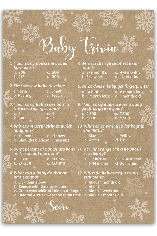 Snowflakes Baby Trivia Baby Shower Game • Pack of 25 • Gender Neutral Winter Wonderland