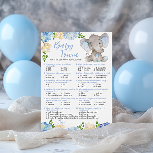 Blue Elephant Floral Boy Baby Shower Game - Baby Trivia • SET of 25