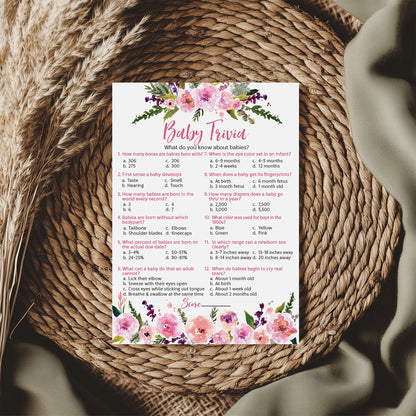 Floral Girl Baby Shower Game - Baby Trivia • SET of 25