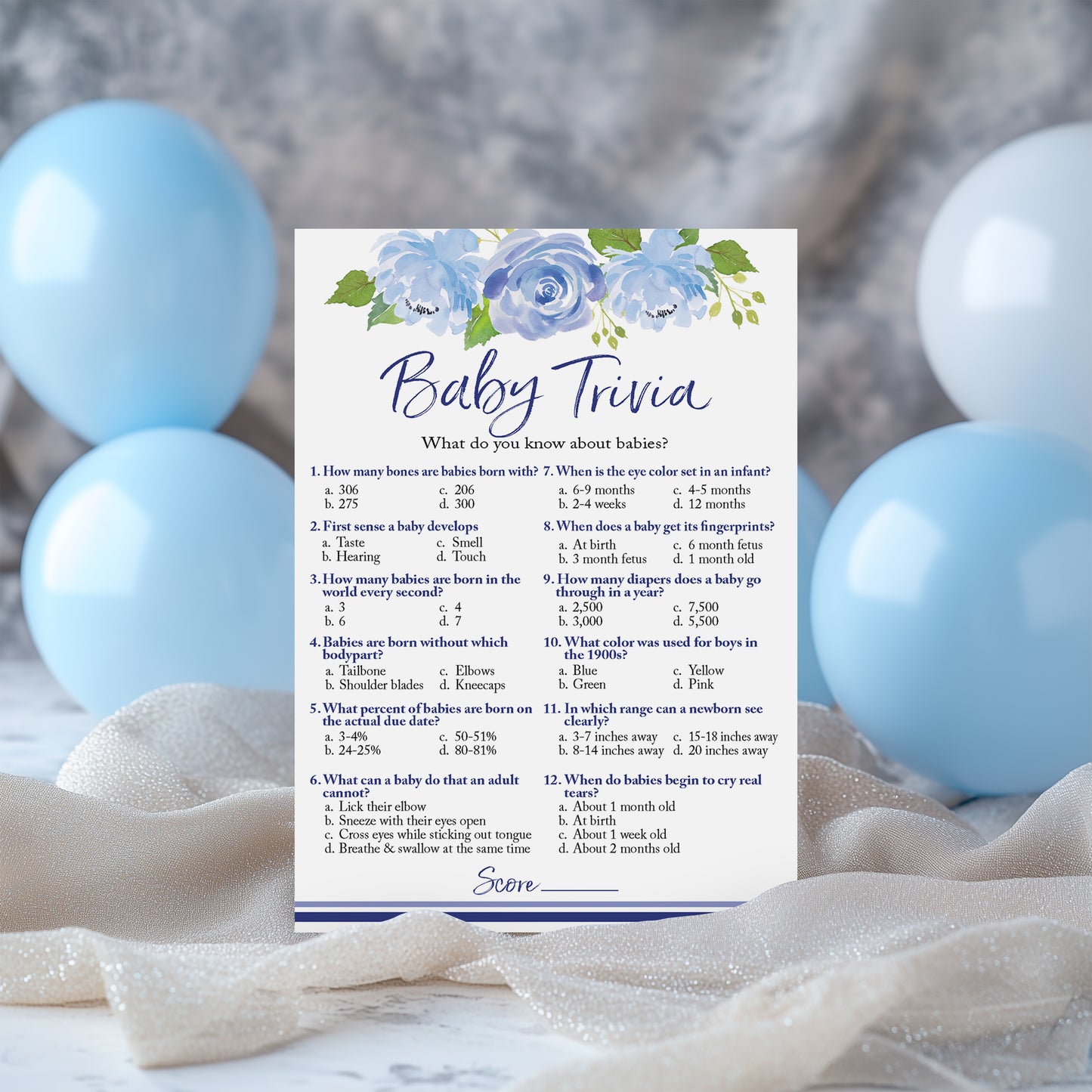 Blue Floral Garden Boy Baby Shower Game - Baby Trivia • SET of 25