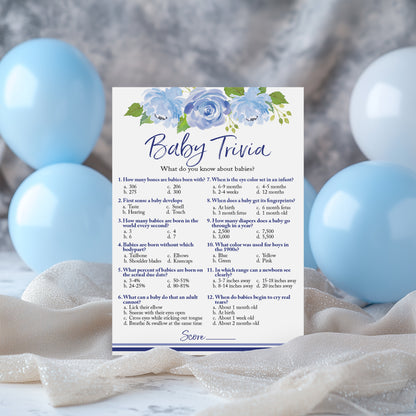 Blue Floral Garden Boy Baby Shower Game - Baby Trivia • SET of 25
