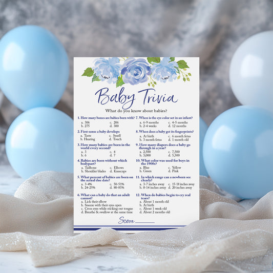 Blue Floral Garden Boy Baby Shower Game - Baby Trivia • SET of 25