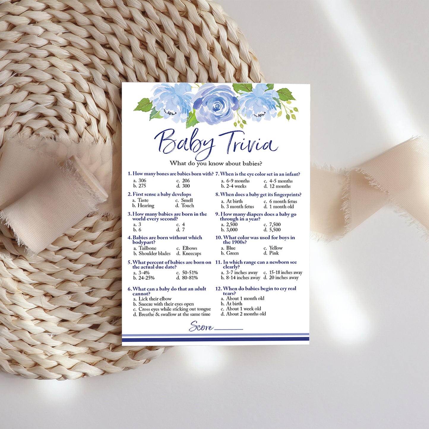 Blue Floral Garden Boy Baby Shower Game - Baby Trivia • SET of 25