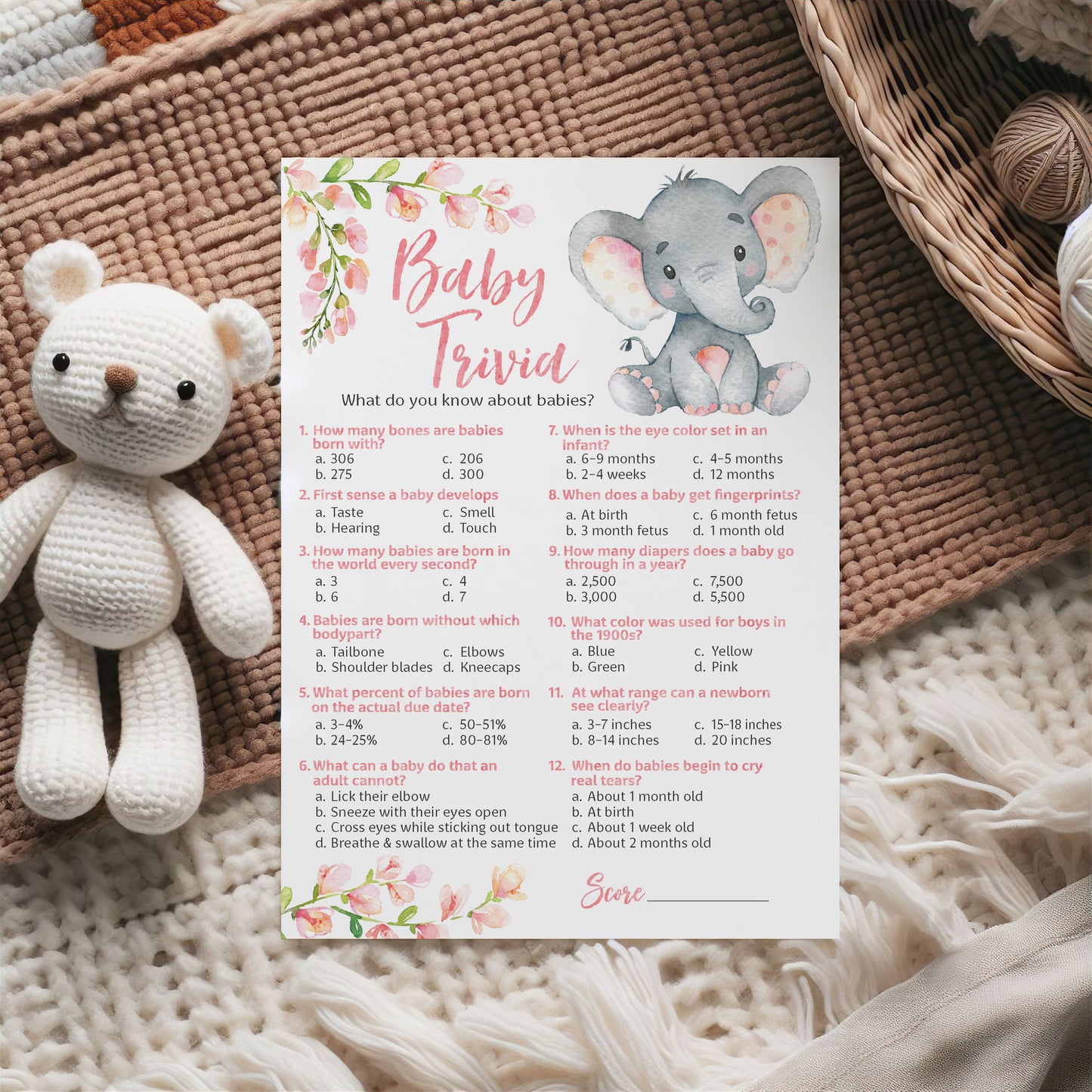 Pink Elephant Floral Girl Baby Shower Game - Baby Trivia • SET of 25