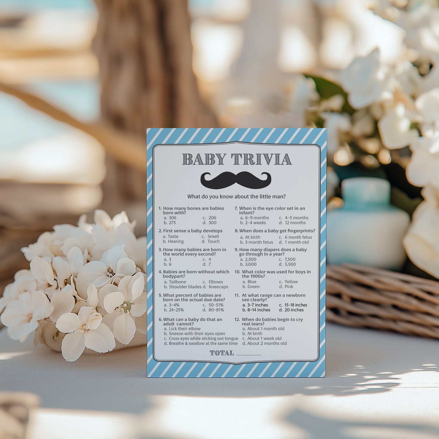 Mustache Boy Baby Shower Game - Baby Trivia • SET of 25