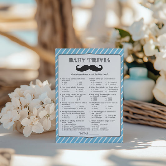 Mustache Boy Baby Shower Game - Baby Trivia • SET of 25