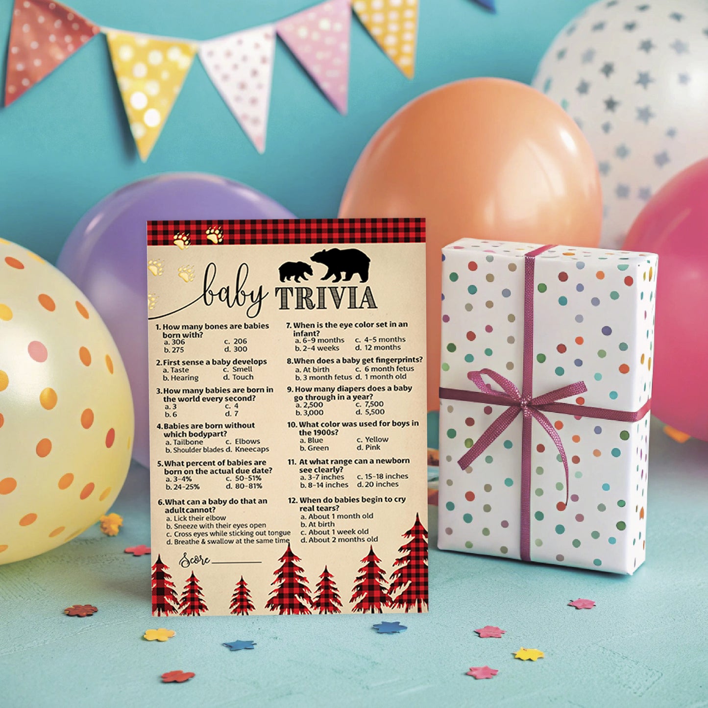 Lumberjack Baby Trivia • 25 Cards • Rustic Buffalo Plaid Baby Shower Game