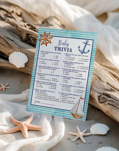 Nautical Baby Shower Game • Baby Trivia • Pack of 25 - Printed