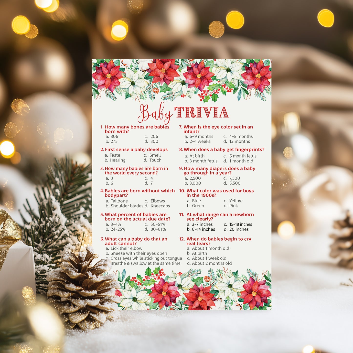 Christmas Baby Shower Game, Baby Trivia – Pack of 25 – Gender Neutral Winter Theme Holiday Baby Facts Activity