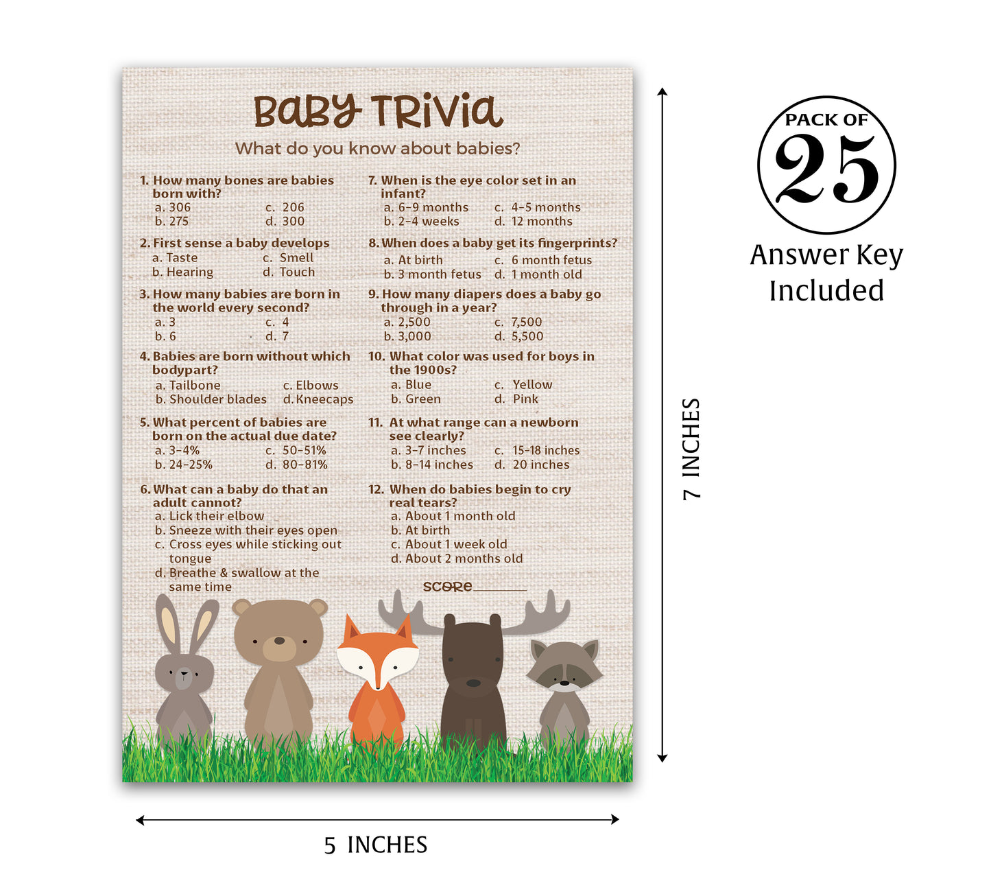 Woodland Animals Baby Shower Game - Baby Trivia • SET of 25